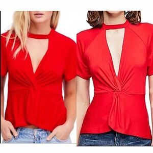 Free People Just‎ A Twist Tee shirt blouse deep v low cut baby doll choker Red M